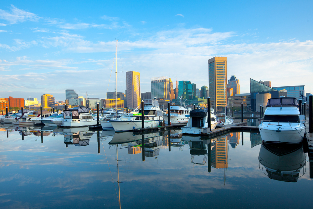 Downtown,City,Skyline,,Inner,Harbor,And,Marina,,Baltimore,,Maryland,,Usa