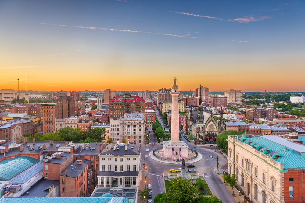 Baltimore,,Maryland,,Usa,Cityscape,At,Mt.,Vernon,And,The,Washington