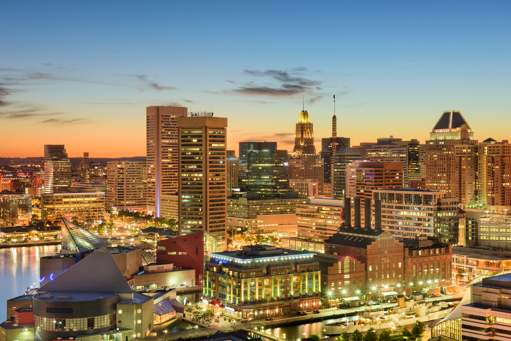 Baltimore,,Maryland,,Usa,Downtown,Cityscape,At,Dusk.