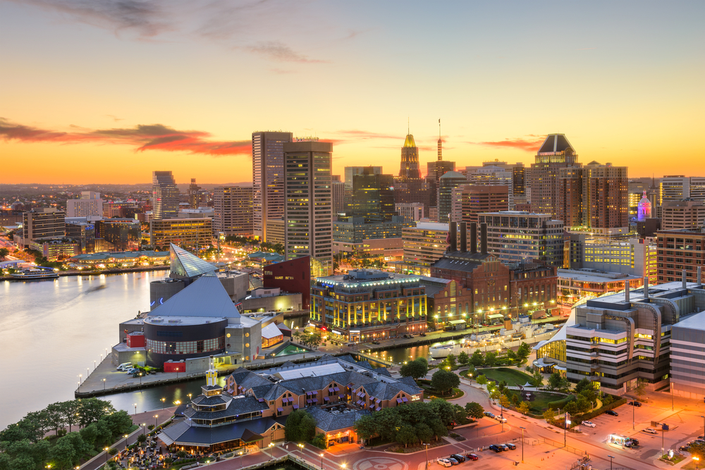 Baltimore,,Maryland,,Usa,Downtown,Cityscape,At,Dusk.