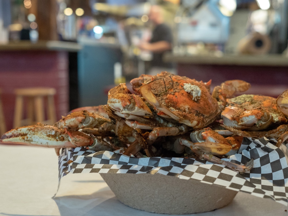 Steamed,Chesapeake,Bay,Blue,Crabs,Covered,In,Seasoning,Sitting,In